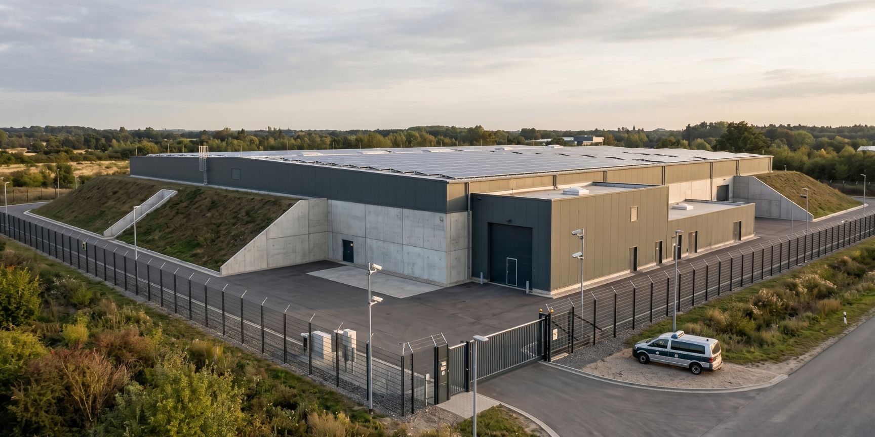 Außenansicht einer spezialisierten Hochsicherheits-Logistikimmobilie für die industrielle Endlagerung. Stahlbetongebäude mit Zäunen, Überwachungskameras und PV-Anlage bei Dämmerung.